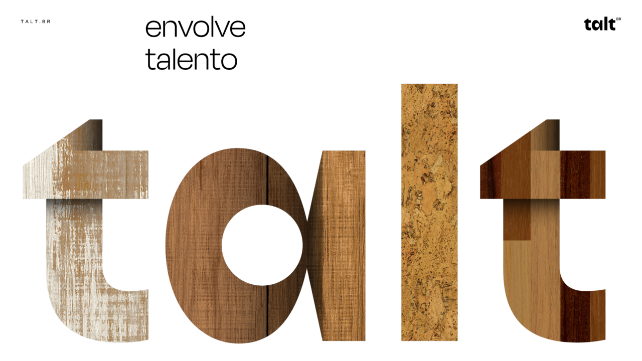 Logomarca Talt com aplicação de acabamentos que integram as coleções do portfólio