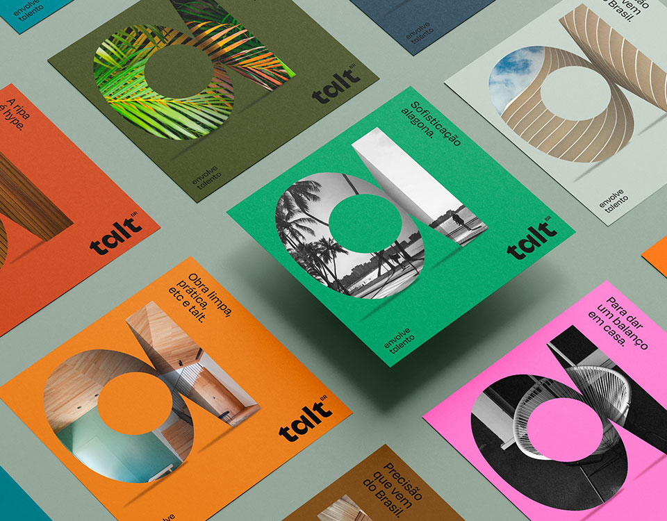 Logomarca Talt com aplicação de acabamentos que integram as coleções do portfólio em posters coloridos.