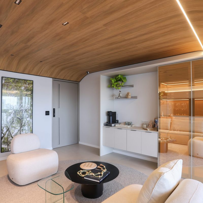 Imagem de um projeto do arquiteto Wagner Melo utilizando o produto Teca Bege da Teto Vinílico, fotografado pela Morgana Nunes